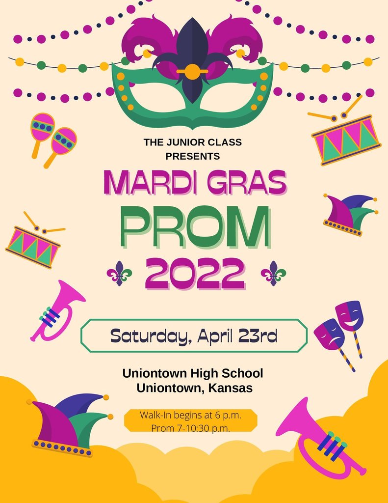 Uniontown HS Prom on Saturday, April 23.  Walk-In begins at 6:00 PM.  The prom is held from 7:00-10:30 PM.