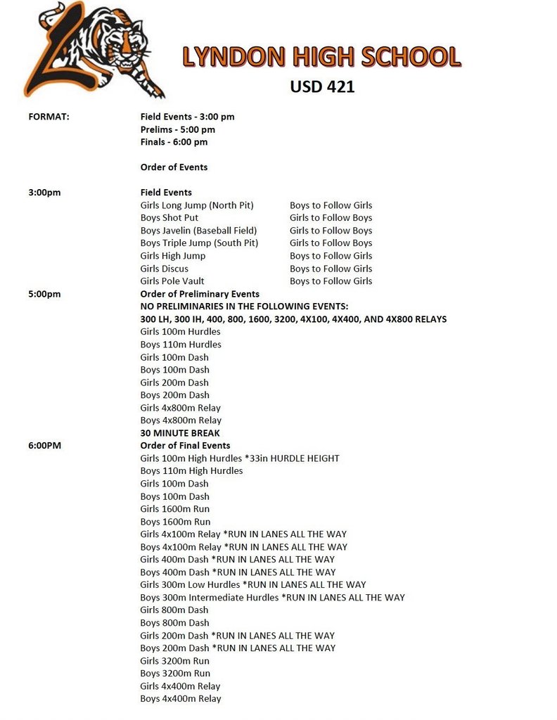 2A Regional Track Schedule hosted at Lyndon High School 