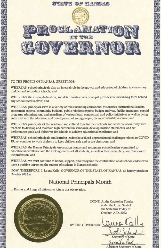 Proclamation from Kansas Governor Kelly for Kansas Principal Month in October 2022