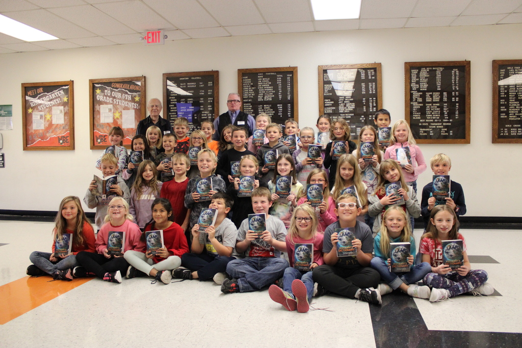 Ken Lyons and Ed Scott with the WBE 3rd graders and their dictionaries