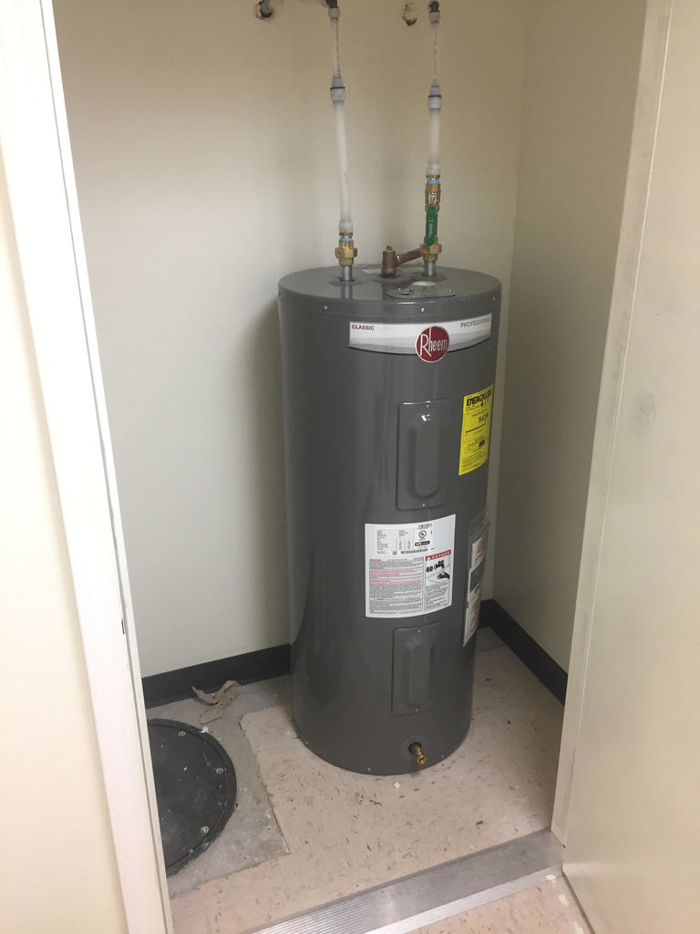 Hot water heater is installed and ready in Fitness Center.